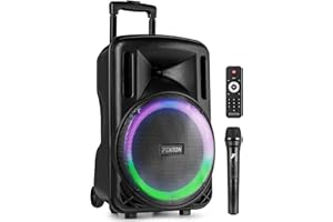 Fenton FT12LED MK2 - Altavoz portátil 700W con Bluetooth, micrófono inalámbrico, batería Recargable, Luces LED, USB, SD, AUX, emparejamiento estéreo, asa con Ruedas y Montaje en trípode