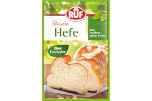 ‎RUF RUF Hefe ohne Emulgator, Trockenhefe zur Herstellung von Hefeteig, Kuchen, Brot, Brötchen und Pizza, Trockenbackhefe glutenfrei und vegan, 3 x 9g