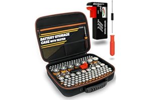 AKIELO+ Organizer Batterie con Tester e Cacciavite Inclusi – Custodia Organizzatore (Edizione Max – Oltre 150+) – Contenitore Compatto per Pile e Batteria AAA, AA, C, D, 9V (Non Inclusa)