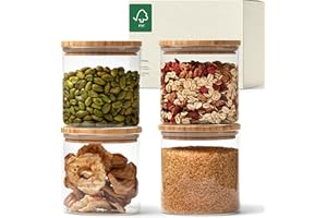 KIVY Barattoli Vetro Ermetici [4x 600ml] - Barattolo Vetro con Coperchio - Barattolo Sale Zucchero Caffè - Barattoli Cucina in Bambù - Contenitore Sale - Porta Pasta con Coperchio