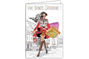 AFIE 68-1333 Carte qui s'ouvre Vive Sainte Catherine Bonne Fête 25 novembre pour Jeune Fille Catherinette à la Mode Star Sac à main Shopping Avec Enveloppe Blanche Format 12x17,5cm