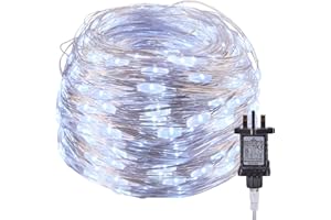 BRIGHTOWN Fairy Lights Plug in, 100Ft 300 LEDs Waterproof Silver Wire Firefly Lights, Adaptor Included, Starry String Lights for Wedding Indoor Outdoor Christmas Patio Garden Decoration, Pure White