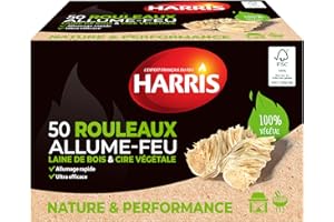 HARRIS - 50 rouleaux allume-feu - 100% naturels - Laine de bois & cire - Allumage rapide - Ultra efficace - Etui carton refermable - Bois FSC - Fabrication Française - x50