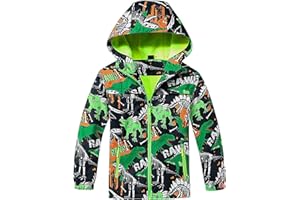 FILOWA Giacca Impermeabile per Ragazzi Giacca da Pioggia Foderato in Pile Bambino Antipioggia Softshell Giubbotto con Cappuccio Dinosauri Stampa Impermeabile Cappotto Calda Giacche Bambini 3-12 anni