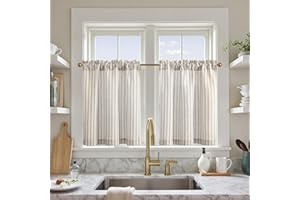 ‎TOPICK TOPICK Scheibengardine modern Gestreift Leinen Gardinen mit Streifen 2 Stücke H60 x B65 (cm) Küchenvorhang Blickdicht Kurz Küchengardinen für Küchen Lichtdurchlässig Klein Gardine Taupe auf Beige