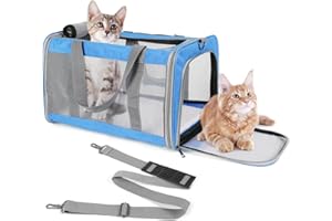 TIYOLAT Pet Carrier for Large Cats of 20 Lbs, Collapsible Carrier Bag for Big Cat or 2 Kittens,Soft Sided Puppy Carrier with Sturdy Travel Transport Strap, Adequate Ventilation, 4 Mesh Windows (Blue)