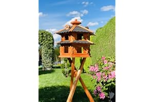 DARLUX Vogelvilla wetterfest von L bis XXL Futterhaus Vogelhaus mit oder ohne Ständer in Braun mit Rot, Grün oder Blau für Garten und Balkon (Größe L mit Ständer, Schwarz - Braun)