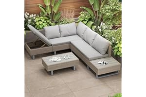 Laxnb Garten Lounge Möbel Poly Rattan Gartenmöbel Set, Balkonmöbel, 4-5 Sitzer L-Form Ecksofa mit Tisch, Gartenlounge Outdoor Patio Terrasse Balkon Möbel, Sitzgruppe Sofa Lounge mit Kissen (Khaki)