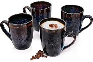 Sänger | Kaffeetassen Set Tokio 4 tlg, Kaffeebecher Set 4 Personen, Steingut Tasse Spülmaschinenfest, Tassen Set Handmade, Mug Set Blau-Schwarz mit Braunen Akzenten 300 ml | PREMIUM COLLECTION