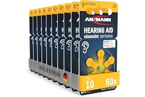 ANSMANN Pilas para audífonos Tipo 10 Amarillo P10 PR70 ZL4, 60 Unidades, Fabricadas en Alemania, Paquete de Almacenamiento, Pilas para audífonos y audífonos, fácil de agarrar