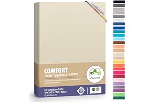 leevitex® Premium Fitted Sheet, 90 x 200 – 100 x 220 cm, 40 cm Base, Also for Box Spring Bed and Waterbed, 100% Mako Jersey Cotton, Oeko-Tex Certified, 170 g/m², Cream/Natural White