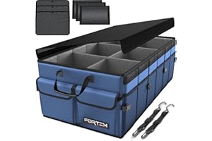 FORTEM Organizer per bagagliaio, borsa per bagagliaio, pieghevole per auto, con scomparti, fondo antiscivolo, cinghie di sicurezza regolabili, coperchio pieghevole (blu, taglia XL)