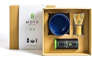 Organico Moya Matcha Tè Verde Biologico in Polvere Set | 30g Tradizionale (II) Grado Pacco + Ciotola Blu + Frusta | Preparazione del Tè Kit di Partenza di Base