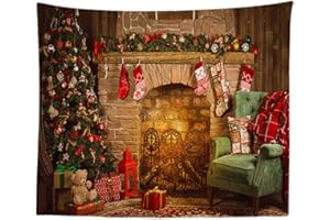 A.Monamour Arazzo da Parete Natale Interno Camera Camino Albero Di Natale Regali Sedia Verde Telo Tessuto Tenda Tovaglia Arazzi Murale Decorazione 180x230cm