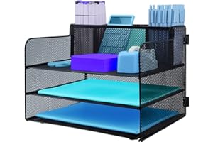 TSDRBWO Organizador de escritorio de 3 niveles con asa y soporte para lápices, organizador de archivos de malla extraíble para escritorio, bandeja organizadora de escritorio de malla, estante de