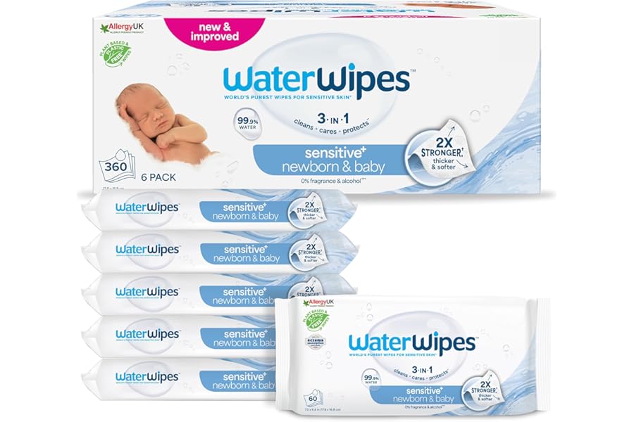 WaterWipes Sensitive+ Newborn & Baby Wipes for Babies and Children, 360 Pieces (6 Packs), Cleanses, Cares, Protects, 99.9% Water, Fragrance Free
