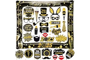 YIIIGOOOD Silvester Deko 2025 aufblasbar Fotorahmen 32 STK. Foto Requisiten Neujahr Party Silvesternacht Foto Accessoires Glitzer Gold Schwarz Happy New Year 2025 Deko
