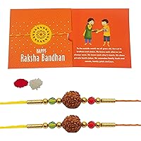 iberry's Rakhi Gift Pack with Set of 2 Rudraksh Rakhi, Greeting Card and Roli Chawal for Brother with Branded Packaging