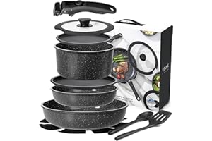 VINAK - Set di padelle con manico rimovibile - Antiaderenti - 11 PEZZI - Padella 26 cm + 20 cm, padella 18 cm, coperchi vetro/stoccaggio, utensili in silicone | induzione e forno | senza PFOA/BPA