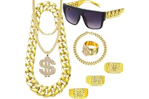 DONGZQAN 8 Stück Zuhälter Kostüm Goldkette Fasching, Hip Hop Rapper Kostüm, 80er/90er Jahre Outfit Herren, Dollar Kette/Große Goldene Kette/Dollar Ring/Goldenes Armband für Karneval Fasching Mottoparty