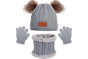 Jiusely Kids Winter Hat Scarf Gloves Set, 3 in1 Winter Accessories Sets, Thermals Pom Pom Bobble Hat Fluffy Neck Warmer and Gloves for Girls Boys Children Age 1-5
