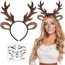 Accessori per Costumi da Renna, Cerchietto Renna con Orecchie di Cane, Coda Naso Collare, Carino Costume Cervo per Donne Ragazze Natale, Carnevale, Cosplay