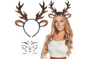 iZoeL Karneval Kostüm Damen Mädchen, Haarreif Reh Geweih Hörner Rehohren mit Blumen Gesichtstattoo, Damen Kinder Reh kostüm Kopfschmuck Haarreifen Fasching Mottoparty Halloween Kostüm