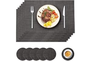 VADUDA Table Mats and Coasters Set of 6 Black Placemats Heat-Resistant Washable PVC Place Mats for Table Non-Slip Kitchen Dinner Table Mats for Home Restaurant Hotel (45CM x 30CM,10 x10CM)