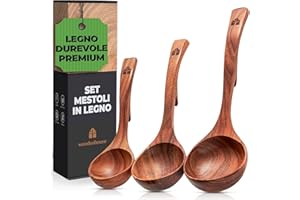 WOODENHOUSE Set Mestoli Cucina Legno, Mestolo Zuppa, Antigraffio, Fatti a Mano con Ganci, Mescolare e Servire Alimenti, Minestre e Zuppe, 3 pezzi