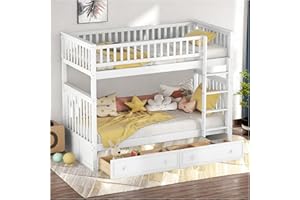 Racxily Letto a castello 90x200cm, Con 2 cassetti, trasformabile in due letti singoli, letto per bambini con ringhiera alta,Letti funzionali, bianco