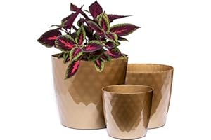 Home Garden Ornaments Maceta Dorado Juego de 3 Tamaños 14/16/18 cm - Macetas Plastico con Superficie de Cristal Brillante - Maceteros Exterior - Decorativa Macetero Interior (Dorado)