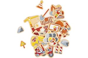 Janod - 24 Magnetic Wooden Magnets - Building Site Theme - Building Site Equipment - Wooden Toy - Ideal for chalkboard or fridge - Educational Magnetic Game for Handling - From 2 Years, J09647