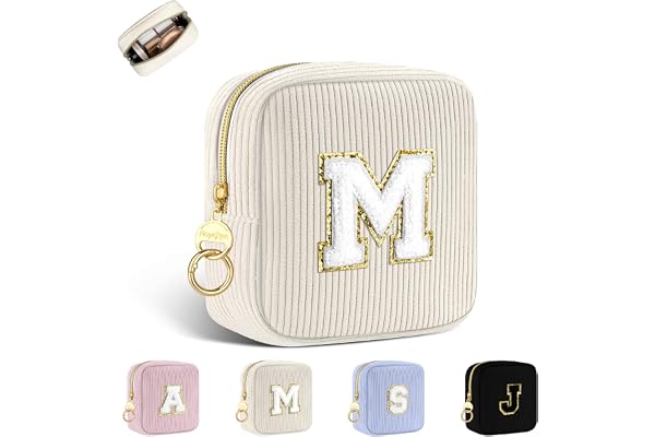 Petit Trousse Personnalisable Pochette Maquillage Femme Mini Trousse de Toilette Fille avec Initiale Sac de Cosmétiques en Velours Côtelé Personnalisée Cadeau Anniversaire Noël Filles Maman(Beige-M)