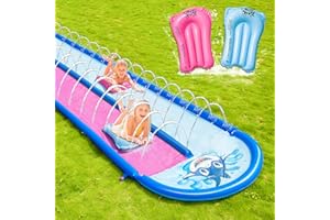 jooeer Garden Slip n Slide Double Lawn Water Slide Inflatable Long Mat Outdoor Toy with 2 Bodyboards Sprinklers Pool Water Sport Have Fun Game, 20ft/6m