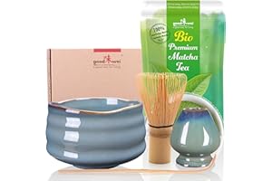 Goodwei Juego de Matcha - 30g Té Matcha Biológico Japonés, Cuenco Ceremonial, Batidor y Soporte (Menouseki)