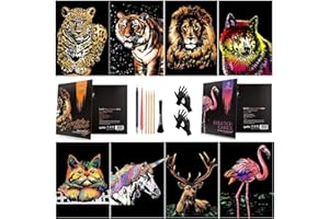 Annickee 8PCS Scratch Art Paper A4, Animals Rainbow Painting Sketch, Animals Art Paper Rainbow Painting, Colorful and Realistic, Scratch Art for Adults, with Drawing Pens, Cleaning Brus and Glove