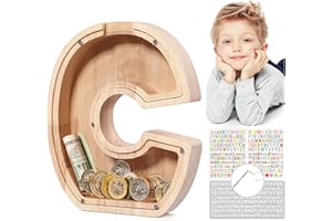 MoneRffi Personalized Letters Wooden Piggy Bank, A-Z Letters Coin Bank Money Box with Clear Alphabet Stickers, Money Saving Bank For Family Christmas Birthday Gift Home DIY Decoration