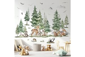 decalmile Stickers Muraux Grand Arbre Pin Animaux Autocollant Mural Enfant Animaux des Bois Cerf Renard Écureuil Décoration Murale Chambre Enfants Bébé Pépinière