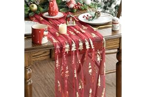 Artoid Mode Red Gold Trees Christmas Gauze Table Runner 70x300 cm, Winter Glitter Chiffon Cheesecloth Kitchen Dining Table Decor for Home Party
