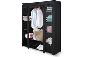 Knight Canvas Wardrobe Organiser | Spacious Free Standing Closet with Hanging Rail & Cubic Drawer | Stylish & Durable | L 150cm x W 45cm x H 175cm - Sleek Black