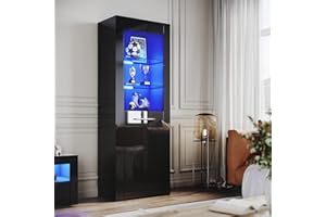 ELEGANT Black Gloss Sideboards Cupboard Tall Display Cabinet Unit with LED Lights, 5-Tier Shelves Bookcase Furniture for Living Room Bedroom, H165xW60xD35cm