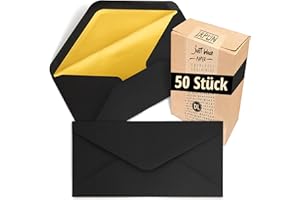 Japun - sobres (50 unidades), sobre sin ventana - DIN largo - 220 x 110 mm - interior: oro - color del papel: negro