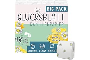 ‎GLÜCKSBLATT Glücksblatt Toilettenpapier KAMILLE, 3-lagig, 48 Rollen x 150 Blatt, Duft nach Kamille, 100% Zellstoff, weiches Klopapier mit bunten Kamillenblüten, Kamillenpapier, Verpackung aus 30% PCR-Anteil