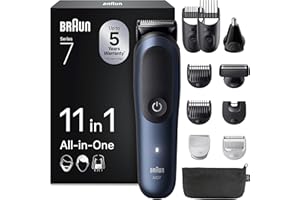 ‎BRAUN Braun All-in-One Trimmer-Set 7, 11-in-1 Multigroom, Barttrimmer, Nasenhaartrimmer, Haarschneidemaschine für Gesicht, Kopf und Körper, 120 Min Akku, 14 Längen (3–21 mm), Wasserdicht, AIO7540, Blau