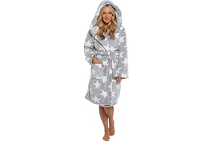 Slumber Hut® Womens Girls Fleece Dressing Gown Grey Star Sherpa Hooded Luxury Robe - Matching Ladies Childrens Sizes - Adult Size 8 10 12 14 16 18 20 22
