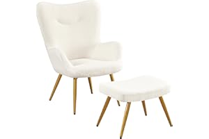 Yaheetech Boucle Tub Chair with Ottoman, Sherpa Fuzzy Armchair, Lounge Chair with High Back and Footstool for Living Room, Bedroom, Study, Ivory