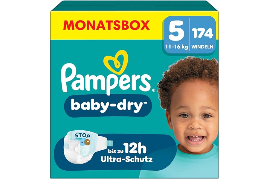 Pampers Baby-Dry Größe 5, 174 Windeln, 11kg-16kg, Bis zu 100% Auslaufschutz & Komfort die ganze Nacht