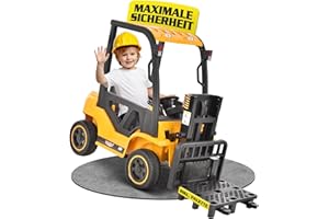 HECHT Kinder Elektro Gabelstapler 12 V – 2 × 40 W Motoren - Mit Fernbedienung - Ferngesteuertes Elektroauto ab 3 Jahre - Bis 6 km/h - Inkl. Palette - 35 kg Traglast (Gelb)