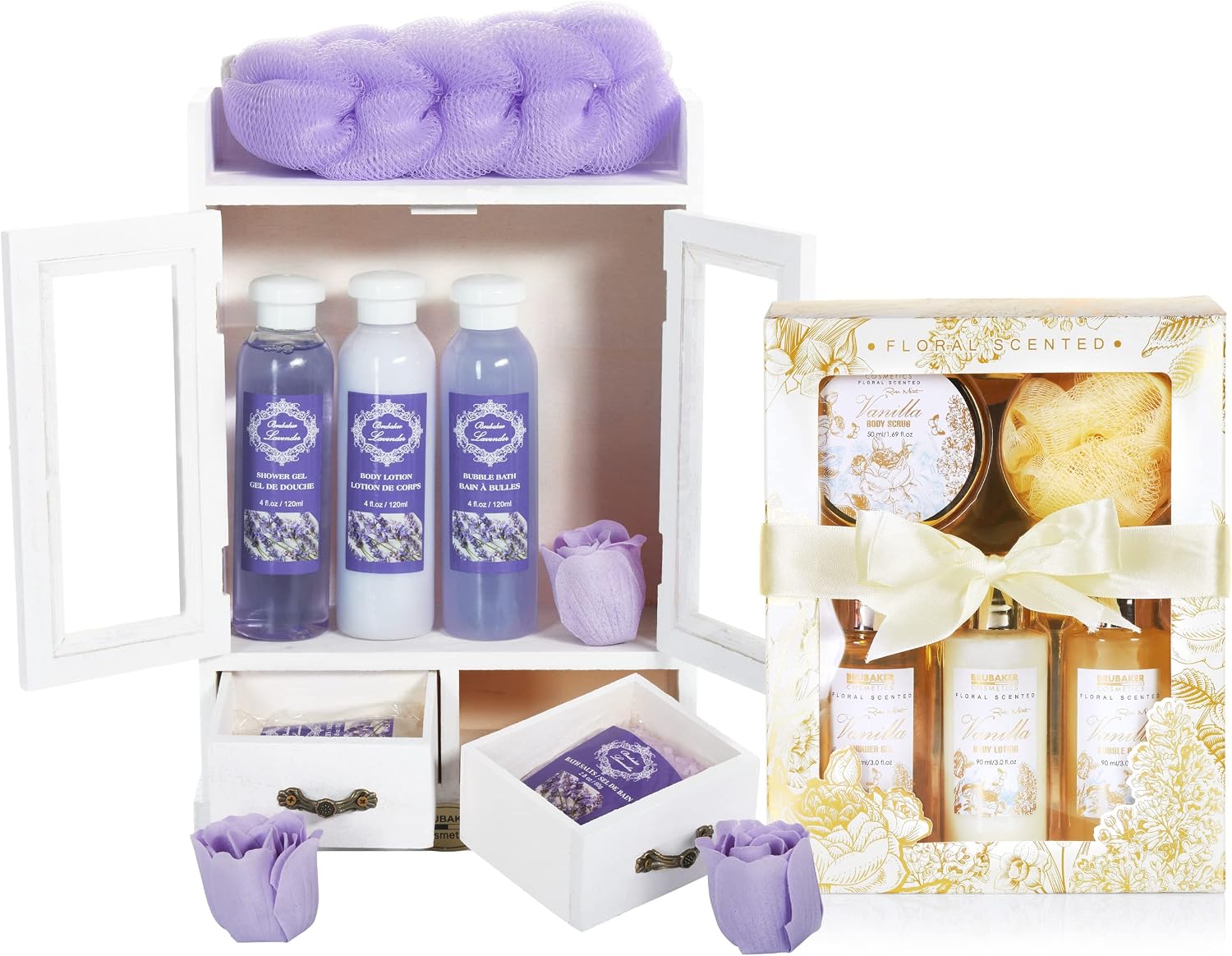 BRUBAKER Cosmetics Set de Cuidado 2 en 1 - Grande 15 piezas Kit de Bienestar - Set de Ducha y Baño para Mujer - Regalo de Belleza con Gabinete de Madera Deco - Vainilla Rosa Menta