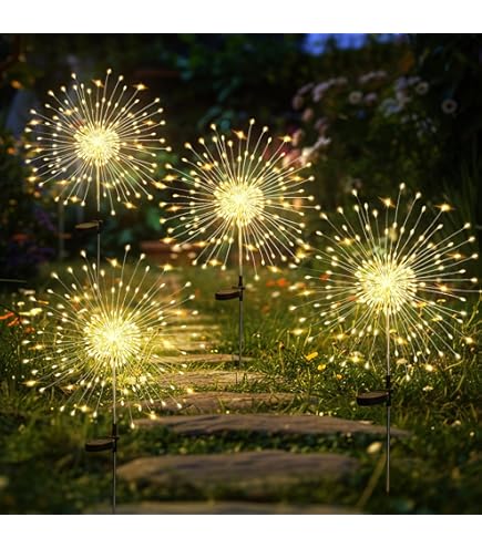 Zonne Tuin Verlichting Outdoor 4 Pack 480 LED Vuurwerk Landschap Pad Lichten Zonne-energie Starburst Fairy Lights Waterdicht 8 Verlichtingsmodi met Afstandsbediening voor Patio Kerstfeest Yard Decoratieve
